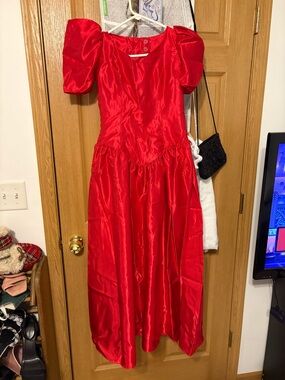 Alfred Angelo Red Satin Maxi Dress with Puff Sleeves